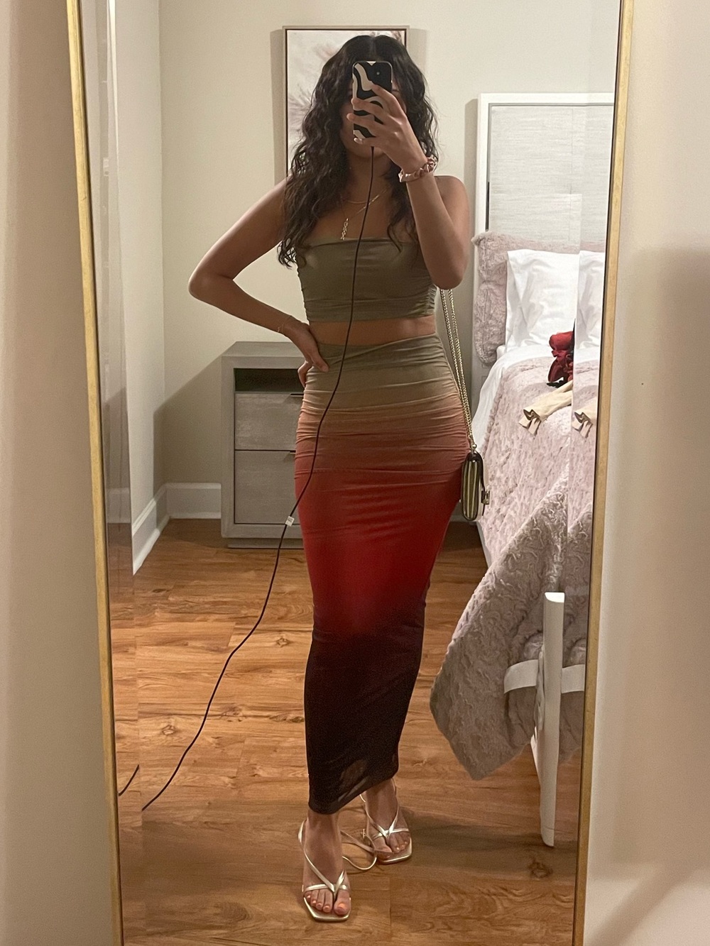 Ombre Sunset Strapless Skirt Set in Tan to Burgundy